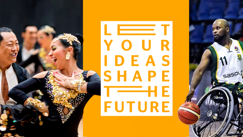 collage with a lab technician, an engineer, a dancing couple and a wheelchair basketball player and the headline "Let your ideas shape the future"