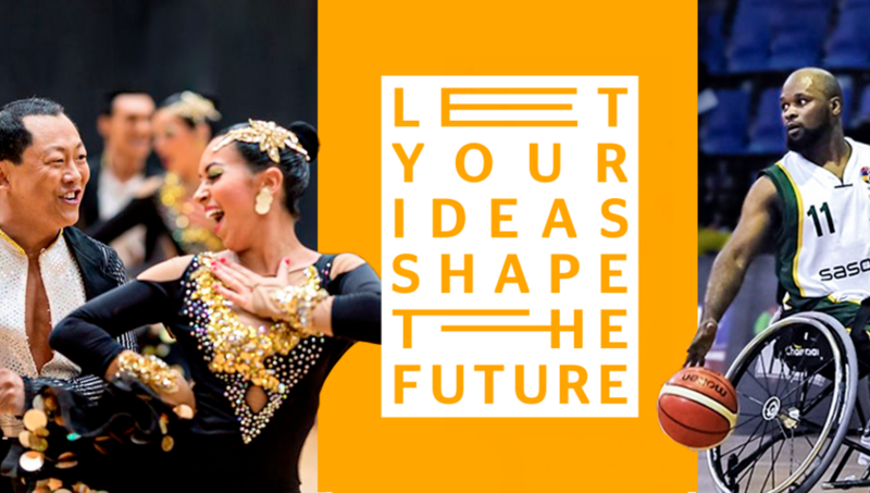 Collage mit einer Laborantin, einem Ingenieur, einem tanzenden Pärchen und einem Rollstuhlbasketballspieler und der Headline “Let your ideas shape the future