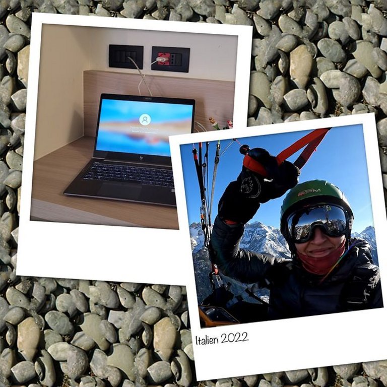 Collage aus zwei Polaroids auf Kieseluntergrund, die einen Laptop auf einem Hotelzimmertisch und eine Frau beim Paragliden zeigen